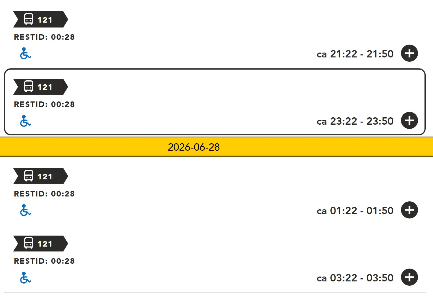 Bussar går regelbundet till Kalmar med växande mellanrum 21.22, 23.22, 01.22, 03.22 